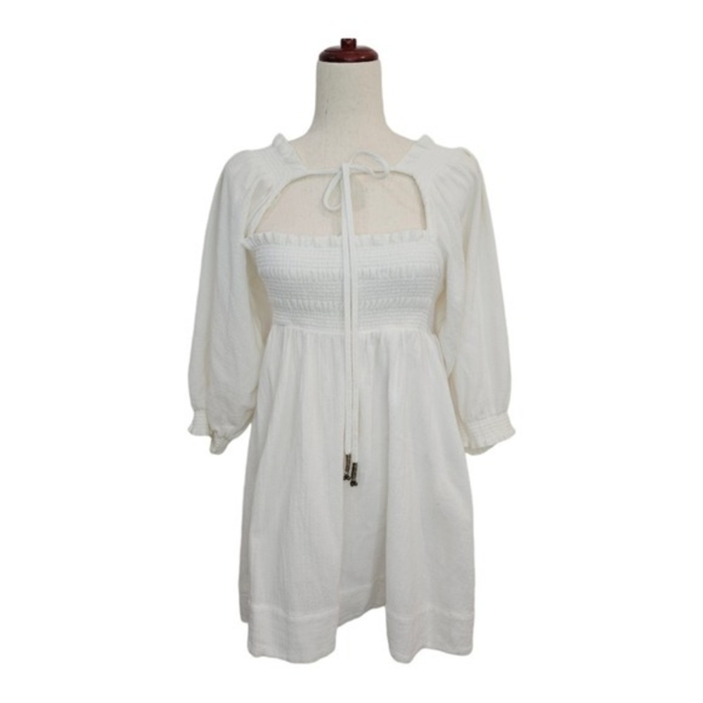 Free People Womens White 100% Cotton Mini Dress XS Smocked Cut Out Peasant